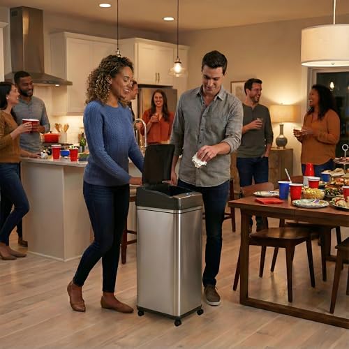 iTouchless 13 Gallon Sensor Kitchen Trash Can with 4 Wheels | Odor Filter - color: Silver and Black