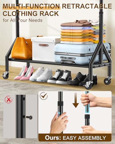 Heavy Duty Clothes Rack Load 520LBS, Adjustable Rolling Clothing Rack with Sturdy Wheel, Metal Industrial Closet Garment Racks for Hanging Clothes Coat, Portable for Bedroom, Laundry Living Room - color: Black, style: 1 Single Rod