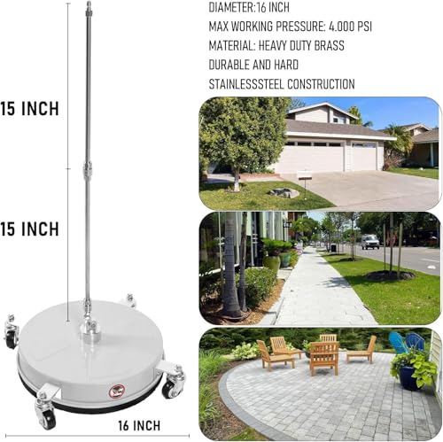 Hourleey 16" Pressure Washer Surface Cleaner, Stainless Steel Surface Cleaner with 4 Wheels for Concrete, Patio, Sidewalk, Deck, Pathway 1/4" Quick Connector, 2 Extension Wand, 4000 PSI - size: 16 Inch