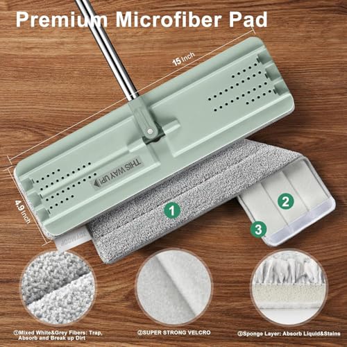 JOYMOOP Flat Mop Replacement Set, Microfiber Cleaning Head with 60" Handle and Flexible 15" Frame, Green, for Floor and Wall Cleaning - color: P