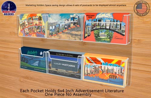 Marketing Holders Postcard Holder Holds 6" x 4" Printed Material Clear Acrylic Wall Mount Index Cards Display Rack with Hanging Hardware 6 Pocket Recipe Invitation Caddy Souvenir - size: 20.25"W x 11"H x 1.75"D