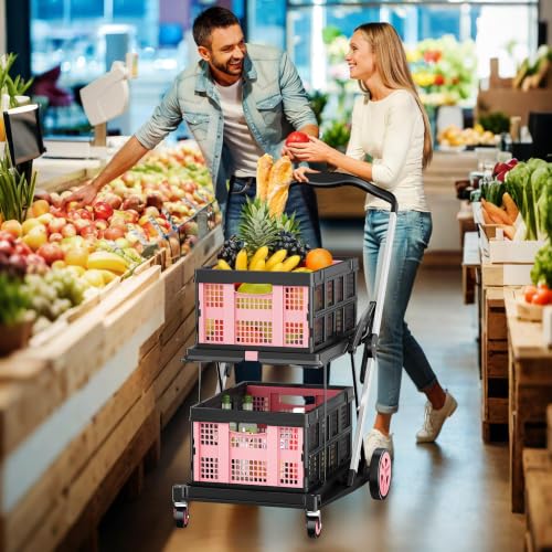Collapsible Shopping Cart, 8-in-1 200LBS Multi Functional Utility Cart with 2 Storage Crate,Adjustable Handle Grocery Cart on Wheels for Shopping/Warehouse/Office/Supermarket - color: Pink