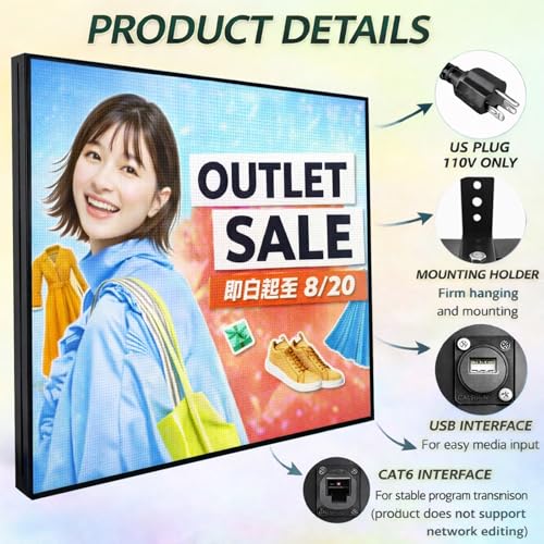 P4 Outdoor LED Sign Display 40x40 Inch, Full Color Programmable Digital Signage with WiFi & USB Control, 240x240 HD LED Video Screen for Storefront Advertising, Supports Video Images Scrolling Text - size: P4 40"x40"