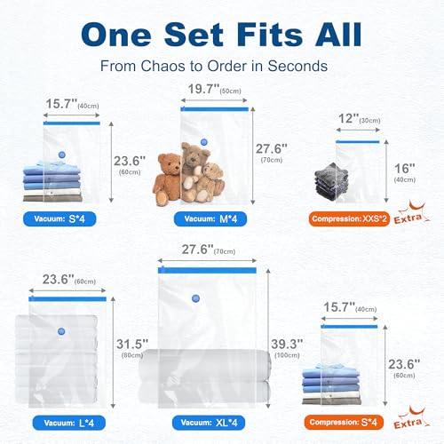 HOUSE DAY 22 Pack Vacuum Storage Bags with Pump,Space Saving Vacuum Seal Bags For Clothing Travel,4 Jumbo/4 Large/4 Medium/4 Small, 4S Roll/2XXS Roll Bags, Hand Pump Included, Sealer Clothes Storage - size: 22 Combo