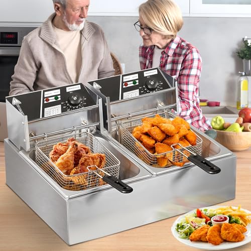 Commercial Deep Fryer 21Qt Dual Tank Deep Fryers with Baskets Food Grade Stainless Steel Electric Countertop Fryer with Adjustable Temperature, 1700wx2, 110v