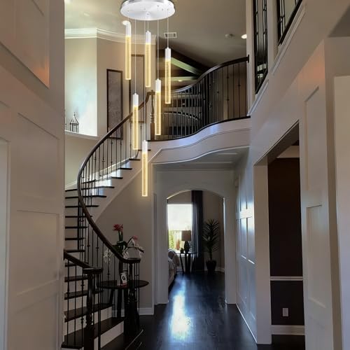 Luxury 6-Light Silver Bubble Crystal Column Chandelier, Dimmable LED Adjustable Height Pendant Light for Kitchen Island, Living Room, Foyer, Staircase - color: Silver, size: 6-Light
