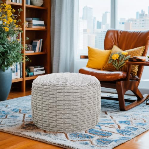 Asuprui Round Ottoman Pouf Foot Stool, Light Gray, 20x14In,Couch Foot Rest - color: Ash Grey, size: 20"D x 20"W x 14"H