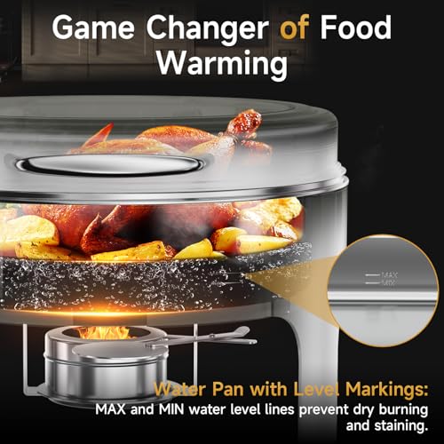 Chafing Dishes for Buffet, 6QT Round Stainless Steel Chafing Dish with Transparent Hydraulic Lid, 304 Food Pan, Buffet Warmer for Parties and Events (White) - color: White