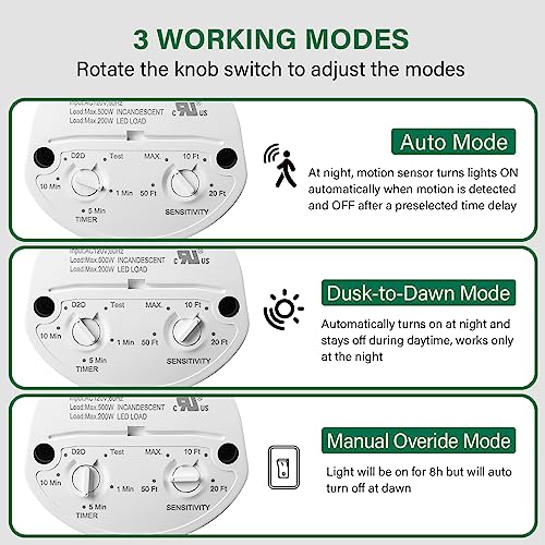 Motion Sensor, 180-Degree Replacement Motion Detector, Adjustable Time & Detection Sensitiity Up to 60 Feet Range, 3 Working Modes Pir Motion Sensor for Security Floodlight, White, UL Listed - color: White