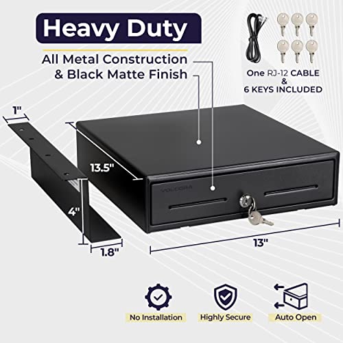 Volcora Cash Register Drawer with Under Counter Mounting Metal Bracket, 13" Black Cash Drawer for POS, 4 Bill 5 Coin Cash Tray, Fully Removable 2Tier Compartment 12-24V RJ11/RJ12 Key-Lock - color: Black, size: 13" - 4 Bill 5 Coin with Bracket
