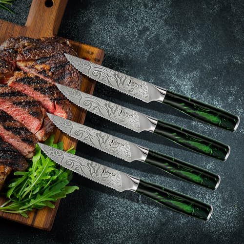 SENKEN Professional 6-Piece Steak Knife Set with Beautiful Engraved Pattern - Wasabi Collection - Razor Sharp Serrated High Carbon Steel & Emerald Green Resin Handle (6 Piece Steak Knife Set) - size: 6-Piece Steak Knife Set