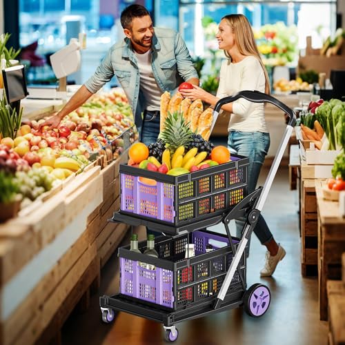 8-in-1 200LBS Collapsible Shopping Cart, Multi Functional Utility Cart with 2 Storage Crate,Adjustable Handle Grocery Cart on Wheels for Shopping, Warehouse, Office, Supermarket - Purple - color: Purple