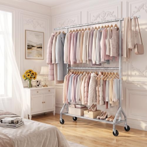 EAGMAK 622 LBS Double Rod Clothing Rack with Wheels Heavy Duty, Silver - color: Silver, size: 43.3"×18.9"×74.8"( Wheels)