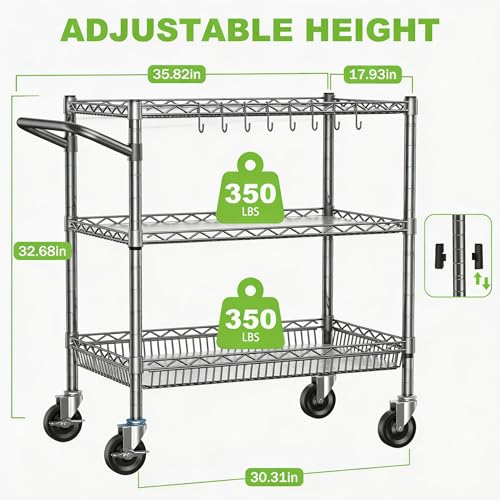 1050Lbs Heavy Duty 3 Tier Rolling Utility Metal Storage Cart with Wheels - color: Silver(18d X 36w X 32h, 1050lb)