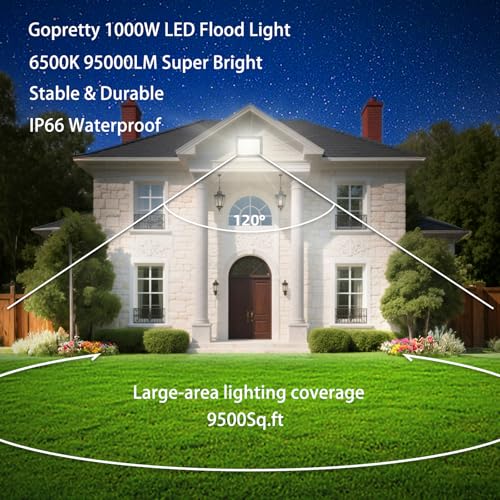 2 Pack 1000W LED Flood Light Outdoor,95000LM 6500K Daylight White Exterior Security FloodLight with Plug, IP66 Waterproof Commercial Lighting for Sports Fields,Parking Lots,Courts,Arena,Stadium - size: 1000w-2pack