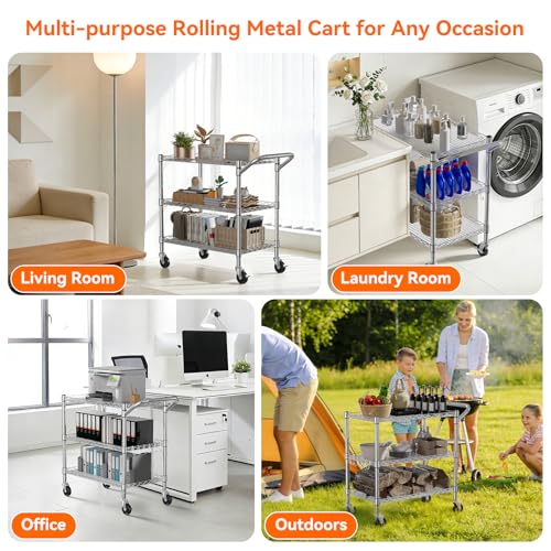 NTE 3 Tier Heavy Duty Rolling Utility Cart on Wheels, 990Lbs Capacity Rolling Wire Cart, Kitchen Carts on Wheels, NSF Commercial Metal Serving Cart with Handle and Shelf Liners for Kitchen, Restaurant - color: Sliver