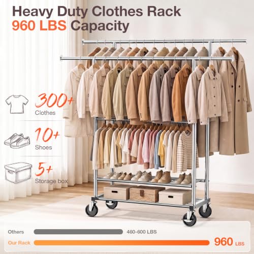 Heavy Duty Clothes Rack Load 960LBS, Adjustable Three Rods Rolling Garment Rack with Double-Layer Bottom Shelf, Portable Commercial Clothing Rack for Hanging Clothes with Wheels, Silver - color: Silver