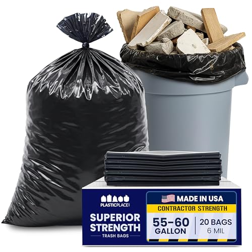Plasticplace Contractor Garbage Bags: 55 Gallon Trash Bags Heavy Duty, Big Black Trash Bags, 36"x58", 6.0 Mil, Pack of 20 - size: 20 Count (Pack of 1)