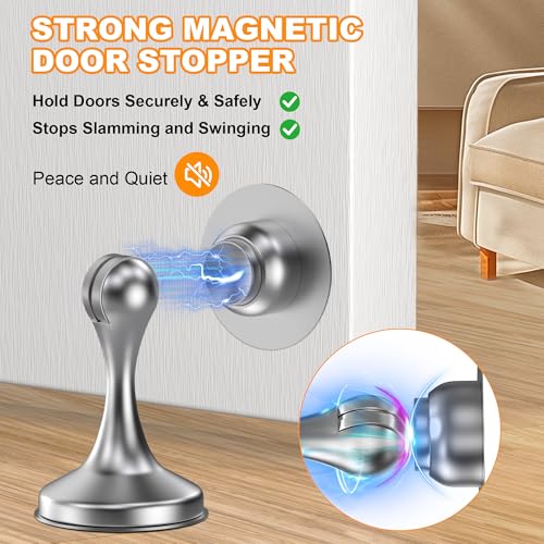 Crosize Magnetic Door Stoppers 2 Pack, Stainless Steel Door Stops for Wall and Floor Mounting, Door Holder Keep Door Open, No Drilling Door Stop with Adhesive Tapes, Silver - color: Silver, size: 2 Pack