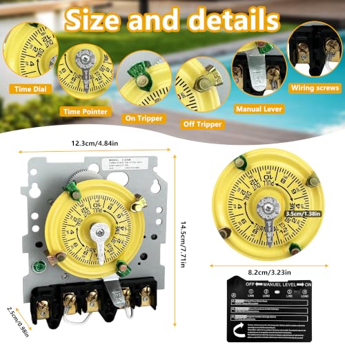 T104M Mechanical Timer Switch,208-277 VAC 5HP 40A DPST Pool Pump Timers Replacement,24-Hour12 ON/Off Cycles for Water Heater,Pool Pump,Lighting,Fans,Heavy-Duty Mechanical Time Switches(Mechanism Only)