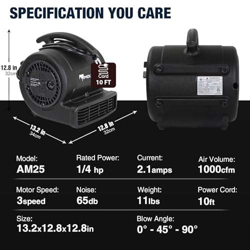 MOUNTO 1/4hp 1000CFM 2 Speed Air Mover Carpet Dryer Floor Fan Cooling Fan (Black) - color: Black