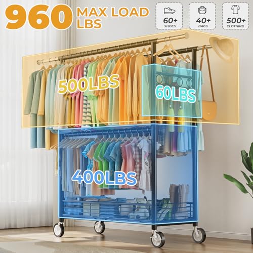 Heavy Duty Clothes Rack Load 960LBS, Three Rods Rolling Clothing Racks for Hanging Clothes, Rolling Garment Rack With Sturdy Wheels Shelves Hooks, Portable & Adjustable Commercial Garment Rack, Black - color: Black, size: 20.0" x 60.6" x 69.0"(3 Rods)