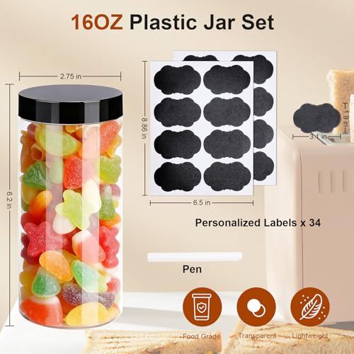 Plastic Jars with Lids,OBKJJ 34 PCS 16 OZ Large Capacity Clear Storage Containers with Leakproof Lids Reusable Empty Storage Container for Dry Food Spice Candy Cookie Household and Kitchen Organizing