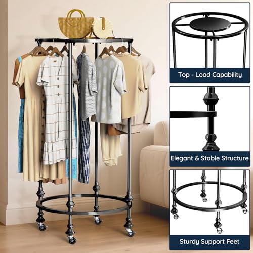 Rolling Round Garment Rack, Gold Clothing Rack with Wheels and Topper - color: Black