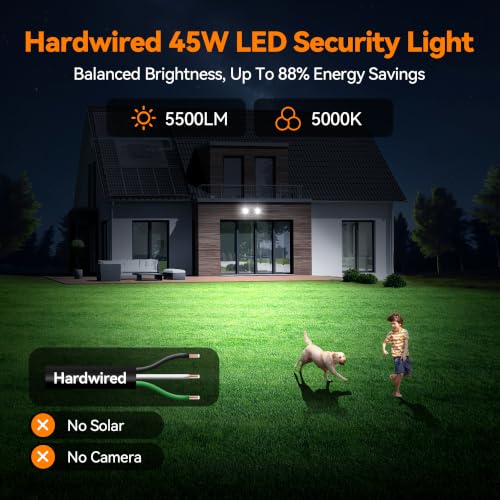 45W 5500LM Dusk to Dawn Flood Lights Outdoor, Dual Head LED Outdoor Security Lights, 5000K Daylight, IP65 Waterproof Hardwired Exterior Light Fixture for Garage, Yard, Backyard (Black) - color: Black