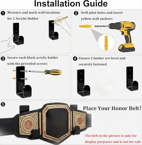 2PCS Championship Belt Wall Mount, 5mm Thick Black Acrylic Display Holder, Heavy Duty Hanger Rack for Pro Wrestling, MMA, Boxing Replica Championship Belts, Horizontal Floating Hanging Kit with Screws - color: Black-2 Pack