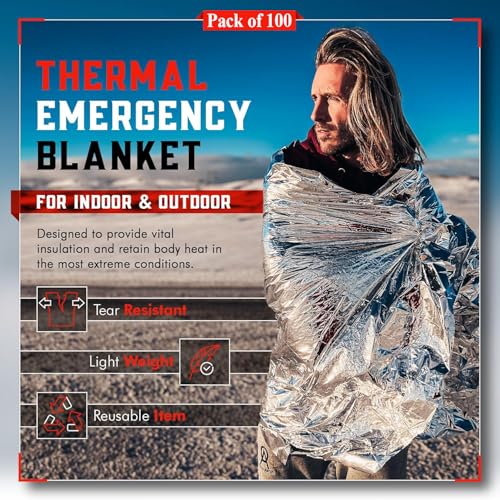 Emergency Blanket Mylar Thermal Space Survival Gear & Supplies 100-Pack - color: Silver, size: 100 Pack