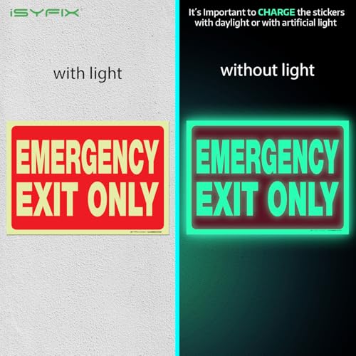 iSYFIX Emergency Exit Only Glow in the Dark Signs, 10x7 Inch, 12 Pack - size: 12 Pk 10x7, style: Sticker Glow