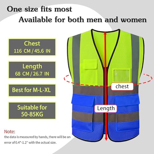 Reflective Mesh Safety Vest, Breathable Hi Vis Vest Construction Work with 5 Pockets and Zipper for Men Women - color: Yellow+blue