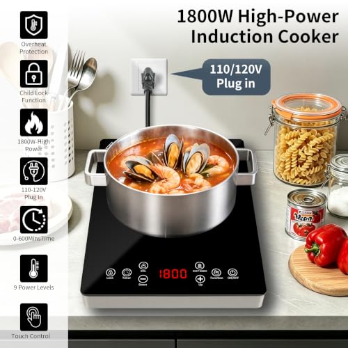 Portable induction Cooktop,1800W Single Induction Cooktop,Portable induction hot plate with LCD touch control,9 Levels,10H,Safety Lock, 110V single burner induction Cooktop - size: single induction cooktop