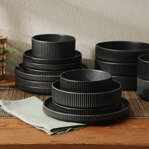 Gibson Elite Deerfield 16-Piece Stoneware Dinnerware Set – Matte Black Reactive Glaze Plates and Bowls, Stackable, Modern Design, Service for 4 – Microwave & Dishwasher Safe - color: Matte Black (Deerfield)