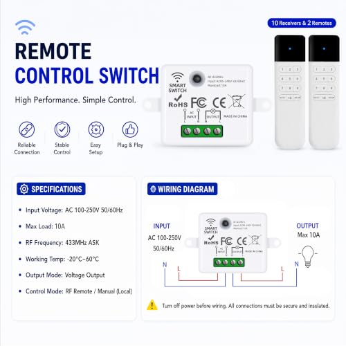 Wireless Light Switch Kit, 10A RF Remote, 2 Switches, 10 Receivers
