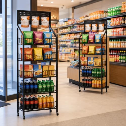 2 Sets 5 Tier Retail Display Racks, Snack Rack Display Stand with Pegboard & 15 Hooks, Freestanding Metal Snack Shelf Organizer for Supermarket Retail Store Commercial, Black - size: 5-Tier (64 15/16" H)