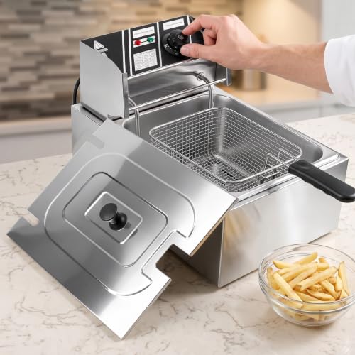 6.3QT Electric Deep Fryer with Basket, 1700W 316 Stainless Steel Commercial Deep Fryer, Adjustable Temperature Control 140°F-392°F, Countertop Deep Fryer with Lid, Oil Fryer for Home Kitchen