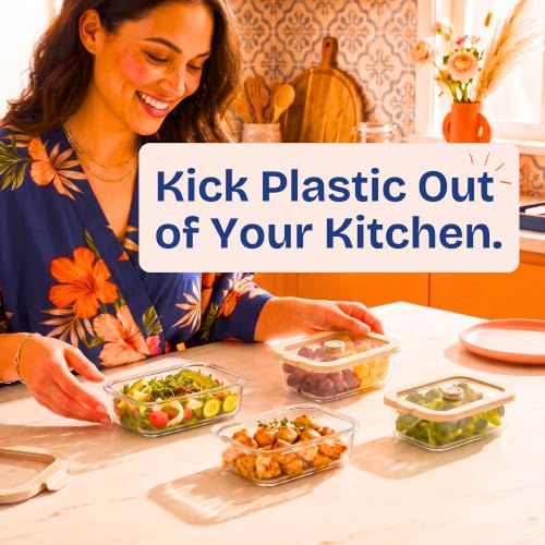 Non-Toxic Glass Food Containers with Lids, 4-Pack, 21 oz, Airtight, Beige - color: Beige, size: 21 Oz