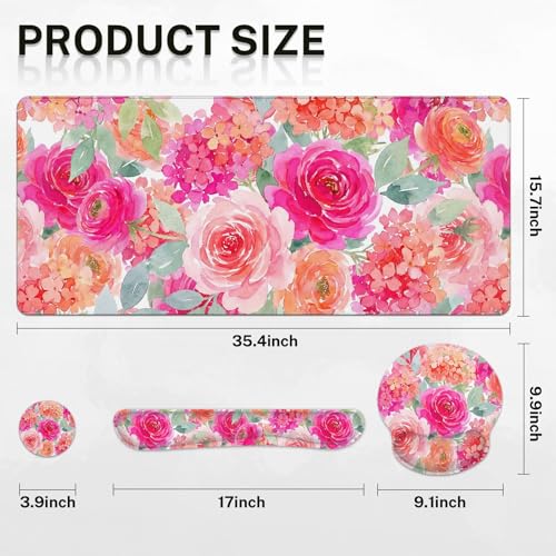 Arttown Keyboard Mouse Pad Set, 4 in 1 Desk Mat Set Floral Peony - color: Pink Flowers