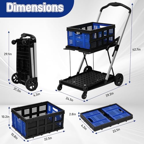 Collapsible Shopping Cart with 2 Bins Grocery Cart on Wheels Multi Use Two Tier Folding Cart for Farmers Market,Kitchen,Grocery Shop
