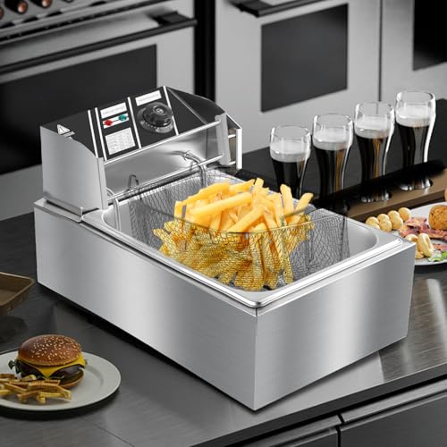 10QT Electric Deep Fryer, 2500W Commercial Stainless Steel Single Tank Countertop Fryer with Basket & Lid, Temperature Control for Restaurant, Food Truck & Home Use - size: 10QT