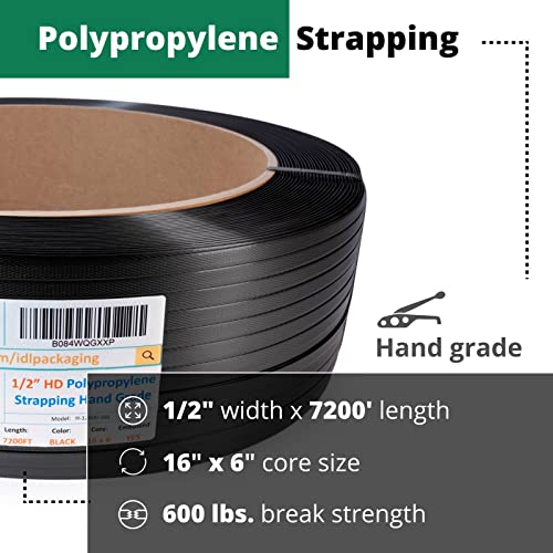 IDL Packaging 1/2" x 7200' Hand Grade Polypropylene (PP) Strapping Roll of 16" x 6" Core Size, 600 lbs Break Strength - Lightweight and Affordable Poly Banding - Flexible Packing Straps - style: 600 lbs Break Strength