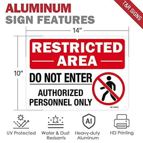T&R Large Restricted Area Do Not Enter Authorized Personnel Only Sign - 4 Pack - 14 x 10 Inches Rust Free .040 Aluminum - UV Protected, Waterproof, Weatherproof and Fade Resistant - 6 Pre-drilled Holes - color: Red - 14" x 10" - 4 Pack