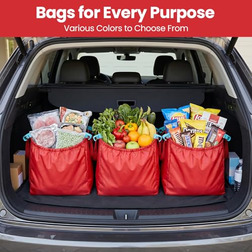 Handy Sandy Cart Caddy – 3-Pack Reusable Shopping Bags with Cart Clips | Heavy-Duty Grocery Organizer Tote Set | Eco-Friendly, Foldable, 40 lb Capacity | Red - color: Bright Red