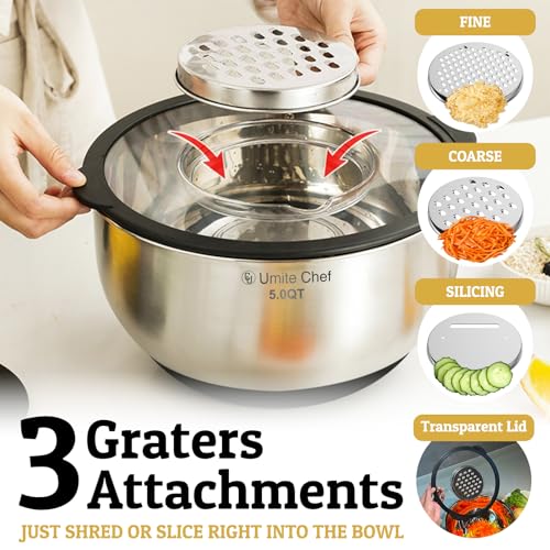Mixing Bowls with Lids Set - Non-Slip, Airtight Warp-Proof TPR-AS Lids, Thicker Stainless Steel Bowls, Measurement Lines & 3 Graters, Prep Meal Bowl, Black Nesting Bowl for Kitchen, 5/3/2/1.5/0.63QT - color: Black