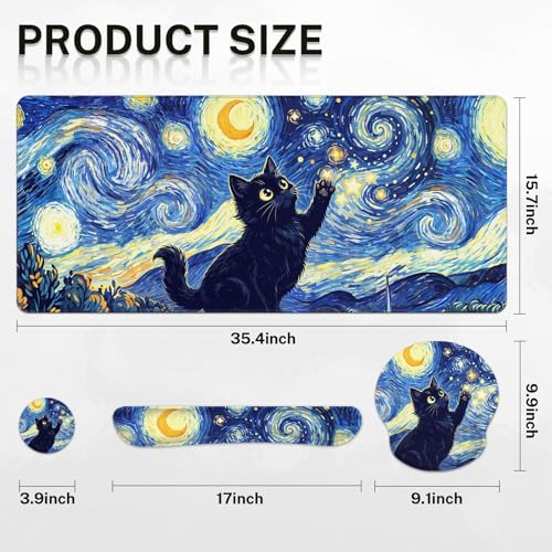 Britimes Keyboard Mouse Pad Set, 4 in 1 Desk Mat Set, Cat Oil Painting - color: Cat Blue Moonlight