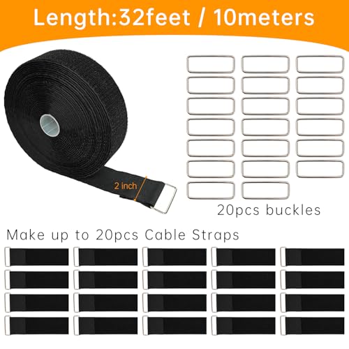 2" x32ft Hook and Loop Straps, Long Adjustable Fastening Straps with 20 Metal Buckles, Cut to Length Cinch Straps, Reusable Nylon Securing Cord Ties for Organizer or Storage - color: 2"x32ft
