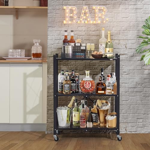 DEANIC 3 Tier Foldable Storage Shelves with Wheels, Kitchen Appliance Stand, Freestanding Metal Wire Shelf Rack, No Assembly Organizer Rolling Cart for Garage, Basement, Pantry (Black) - color: Black
