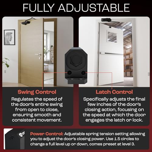 PrimeWare DC-600 Adjustable Automatic Door Closers for Home | Soft Close, No Slam | Residential and Commercial Door Closer | Level 1-6 | for Doors Weighing 30-300 lbs | Hydraulic Door Spring - Black - size: Level 1-6, style: Black